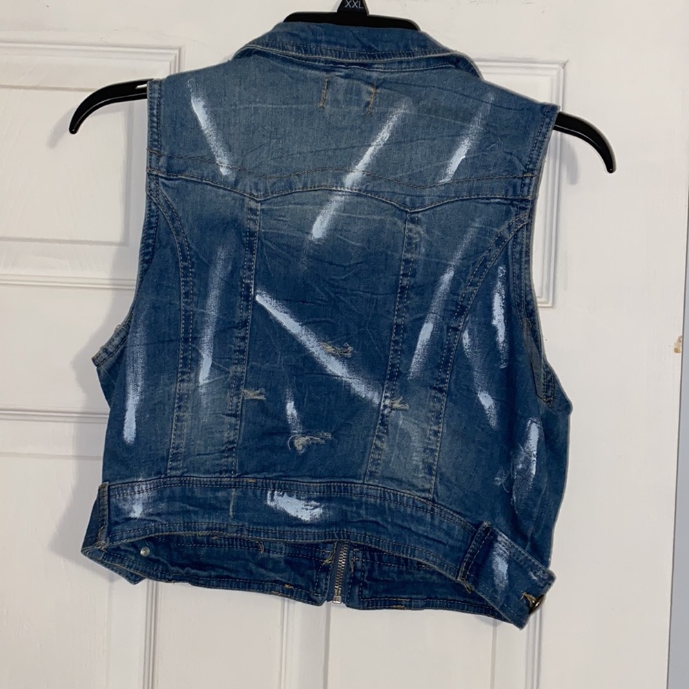 Miss Lili Blue Distressed Customized Splattered Paint Jean Vest Jacket - Picture 6 of 11